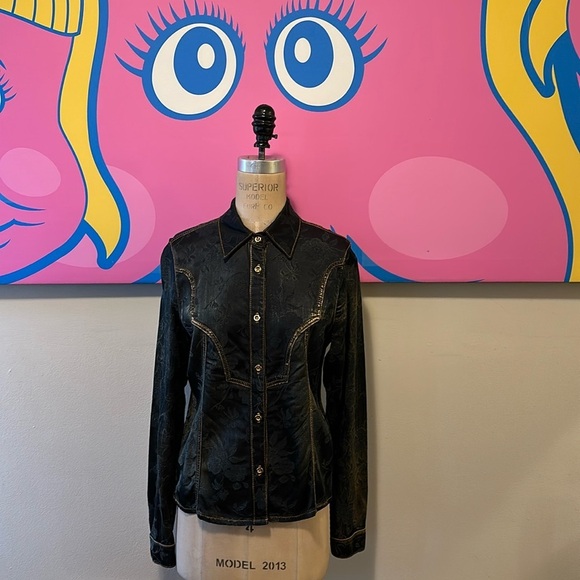 Roberto Cavalli Blue Distressed Long Sleeve Western Shirt